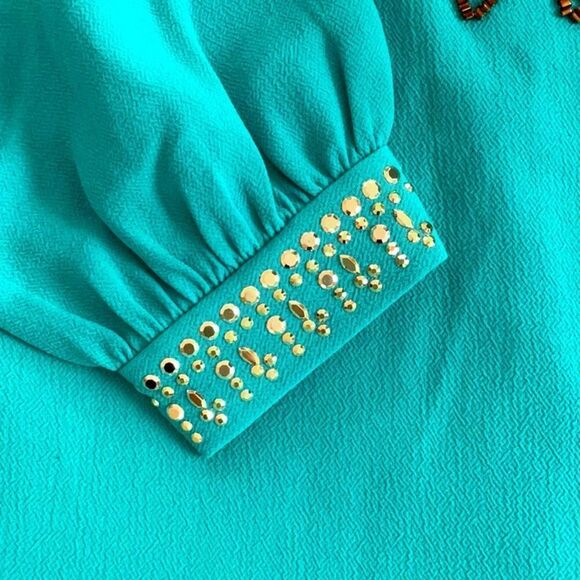TRINA TURK NWT TURQUOISE KAPONO BEADED CREPE LONG SLEEVE SHIFT DRESS SIZE 8 - Picture 10 of 14